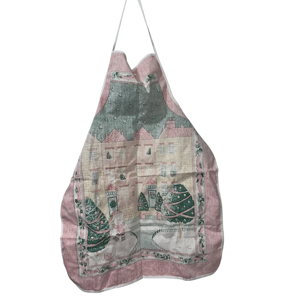 Christmas Kitchen Apron‎ Holiday Village Snowman Pockets Retro